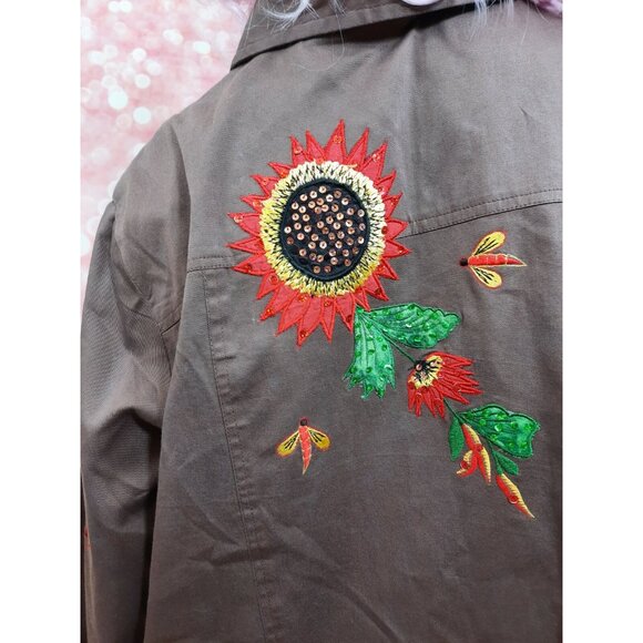Vintage 90s Floral Applique Patches Utility Jacket Size XXL 2XL Brown Cotton - Picture 10 of 12